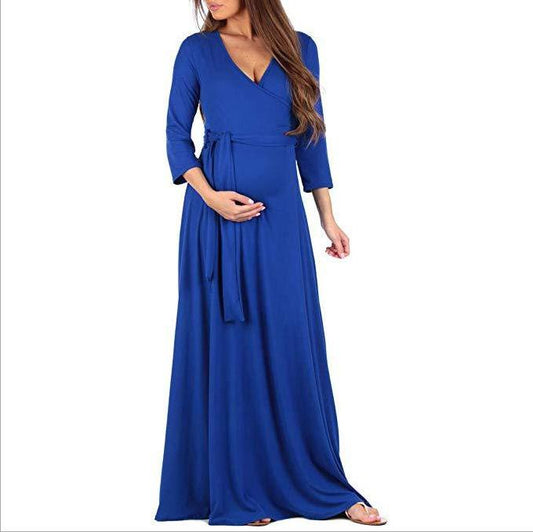 Mopping Dress Cross Deep V-neck Belt 3/4 Sleeve Long Dress for Pregant