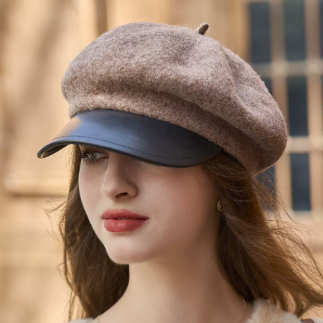 Faux Leather Brim Newsboy Cap British Peaked Cap Beret Autumn Winter