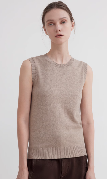 "Six Pence" round neck knitted sweater vest for women | Brown Coeus