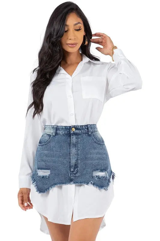 Women’s Fashion Shirt Dress – Sexy Button-Front, Long Sleeves, Denim Mini Skirt Design | Jade Icarus