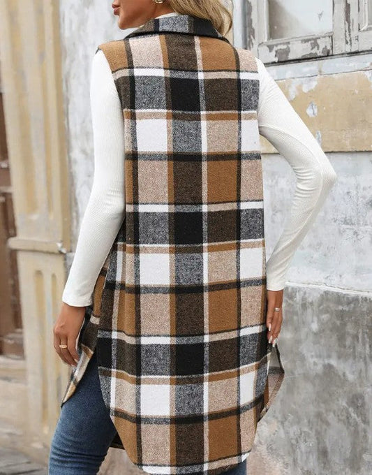 Plaid Longline Lapel Vest | Coral Vanilla