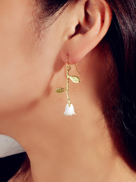 Textured Jewellery White Enamel Flower Gold Drop Earrings Fashion