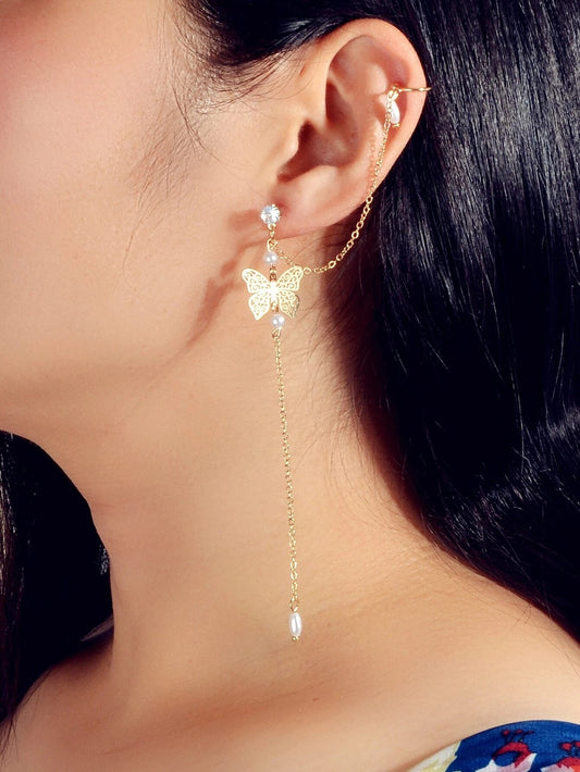 1pc Crystal Pearl Butterfly Long Chain Cartilage Stud Earring Stunning