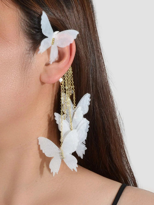 1pc Gold Tassel Chain White Handmade Butterfly Dangle Earring Ear Cuff