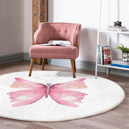 Pink Butterfly Round Rug, Living Room Butterfly Circle Carpet, Non