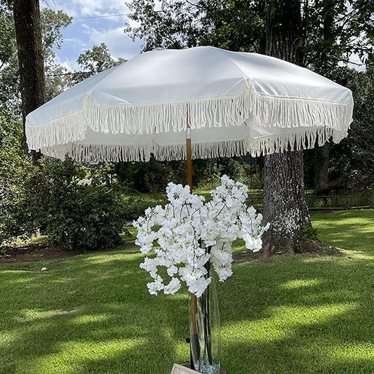 7Ft Patio Umbrella with Fringe Outdoor Tassel Umbrella UPF50+ Premium