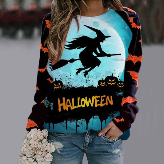 Halloween Cartoon Print Sweatshirt Long Sleeve Pullover Tops Women | Crimson Medea
