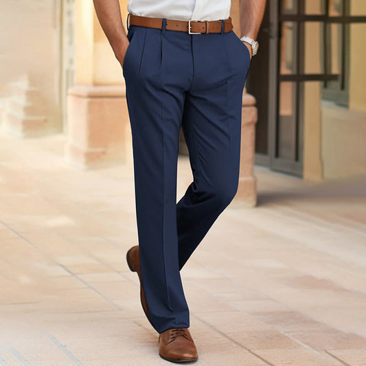 Men's Casual Suit Pants Fashion Trousers Mid Waist Straight Long Pants