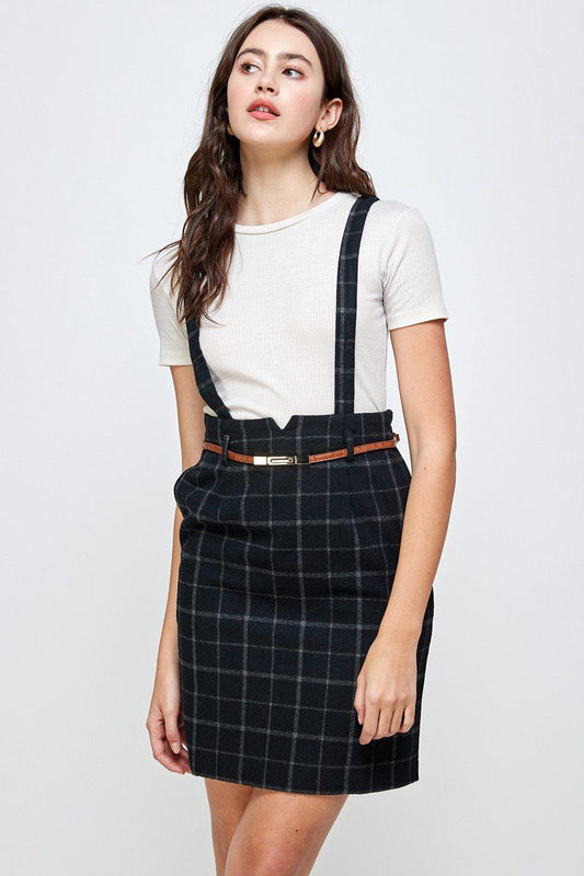 Plaid Suspender Skirt with Belt Detail | Indigo Arrowwood