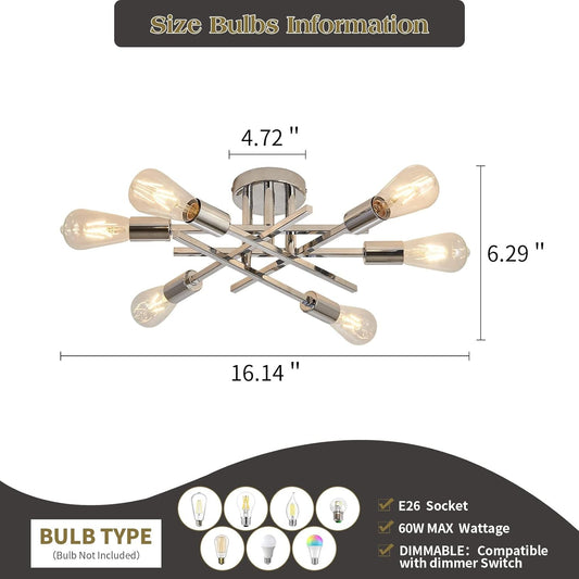 6-Lights Semi Flush Mount Ceiling Light Fixture Modern Chrome Matte