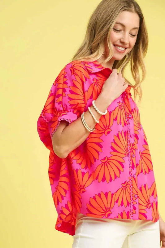 Umgee Printed Button-Up Relaxed Shirt | Tropical Pink & Orange Floral Blouse | Jade Icarus