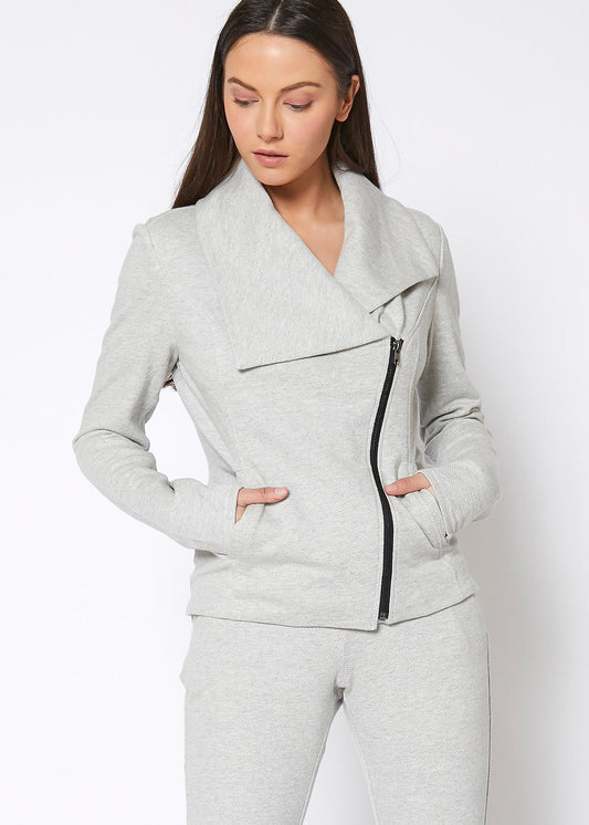 Women's Oversized Collar Zip-Up Moto Jacket In Heather Grey | Lemon Hera