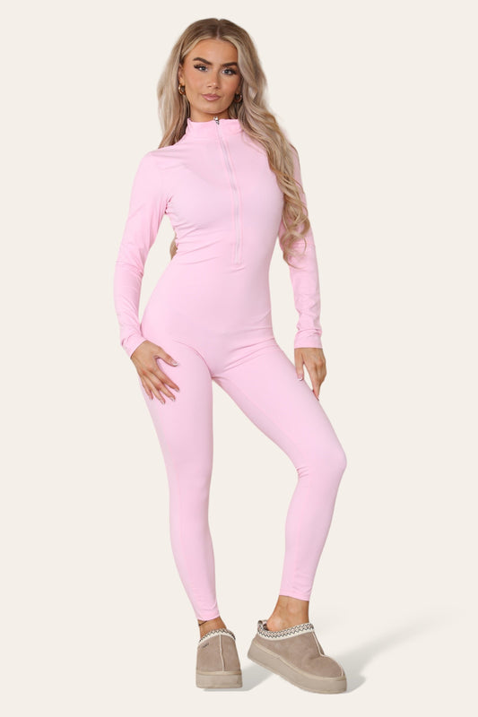 Ribbed High Neck Zipper Collar Jumpsuit Front Unitard Set