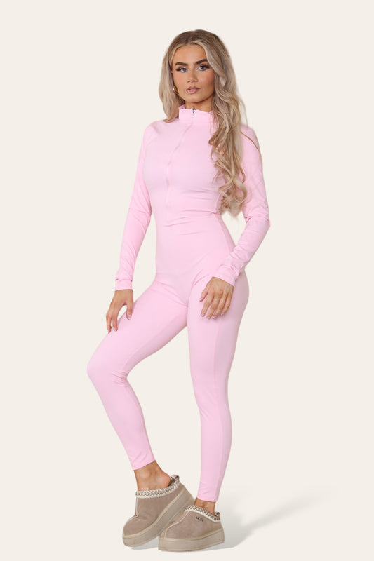 Ribbed High Neck Zipper Collar Jumpsuit Front Unitard Set
