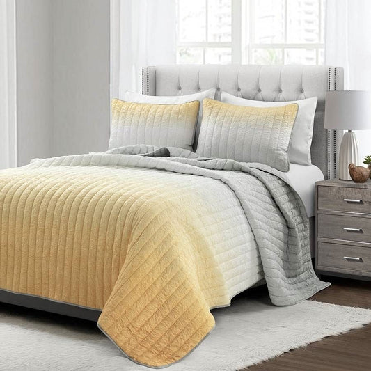 King size Yellow Orange Grey Lightweight Crinkle Fabric 3 Piece Quilt