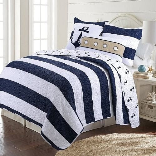 2 Piece Nautical Stripped/Anchors Reversible Microfiber Quilt Set