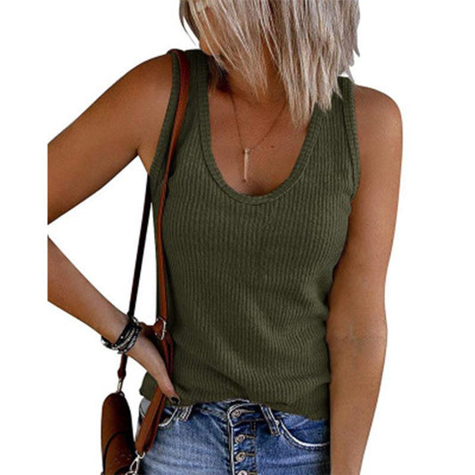 2021 Spring and Summer New Women Vest U-Neck Sleeveless Rib Knit | Jade