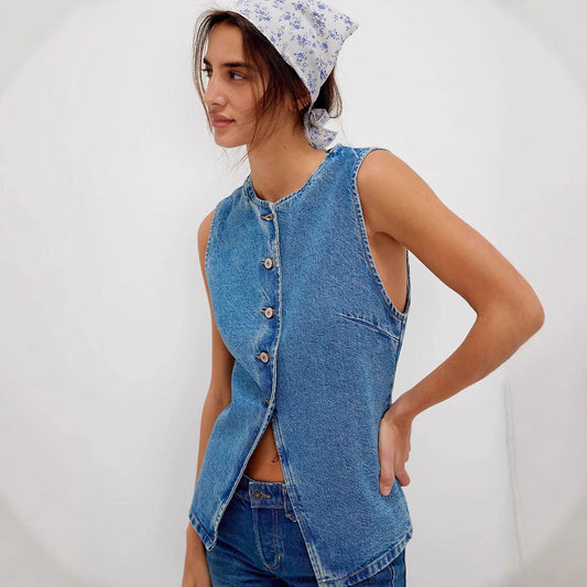 Casual Slim Fit Buttoned Women Clothing Denim Sleeveless Vest | Crimson Medea