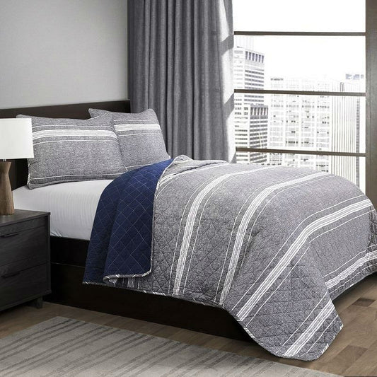 Queen Gray Navy Stripe Motif 100% Cotton Reversible Quilt Coverlet