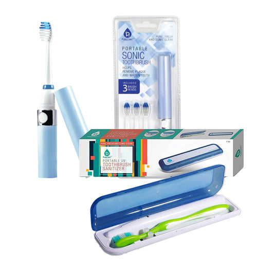 Travel Oral Care Essentials Bundle: Portable UV Toothbrush Sanitizer &
