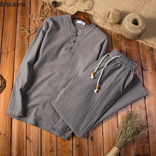 Cotton Linen Men's Long-sleeved Shirt & Pants