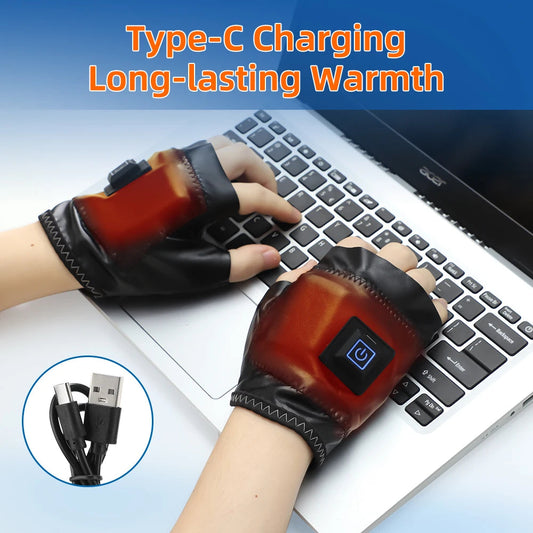 Smart Wireless Heating Leather Gloves Winter Thermal Fingerless Glove