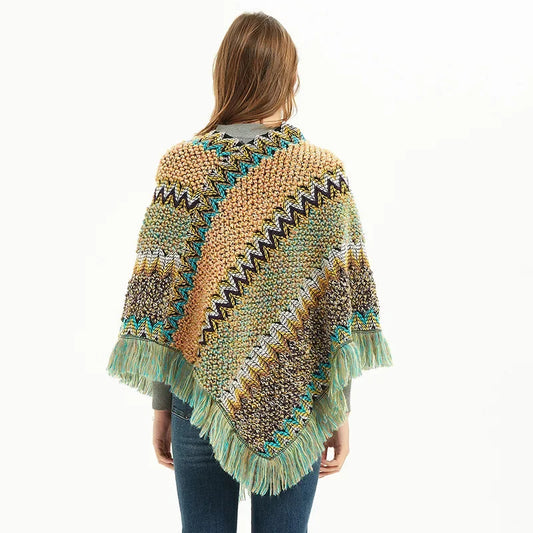 Patchwork Shawl Knitted Striped Print Cardigans Women Poncho Autumn