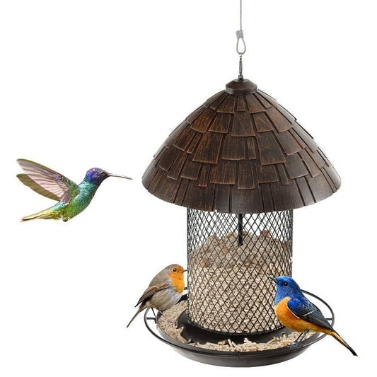 Outdoor Metal Mesh Tube Bird Feeder with Perch and Roof -