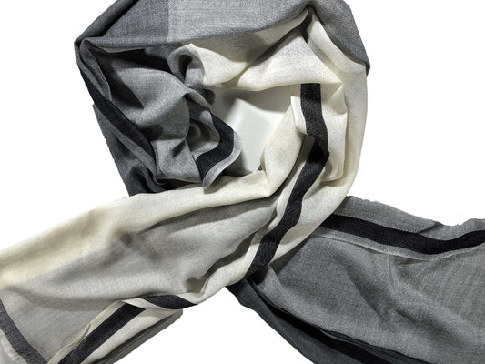Black and White Ombre Herringbone Wool and Silk Scarf