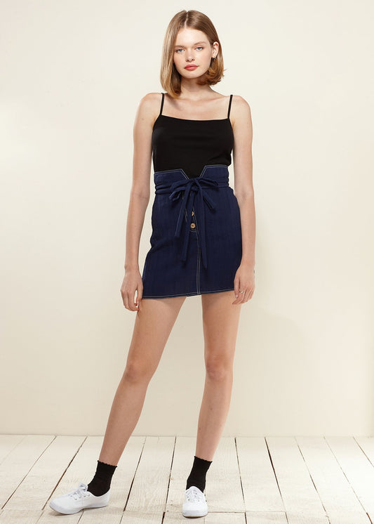 Women's Stitch Hem Double Strap High Waist Skirt in Navy | Lemon Hera