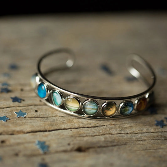 Solar System Silver Bangle Bracelet – Adjustable Planetary Cuff, Rhodium Plated | Yugen Handmade