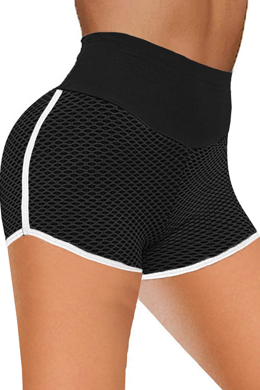 Black High Waist Honeycomb Contrast Stripes Butt Lifting Yoga Shorts