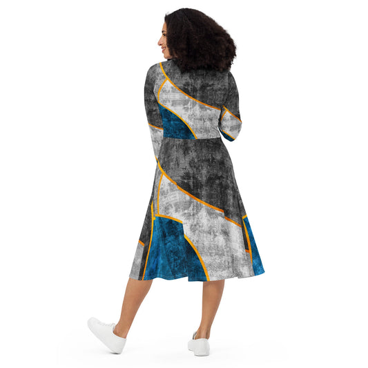 Womens Long Sleeve Midi Dress - Blue Grey Design