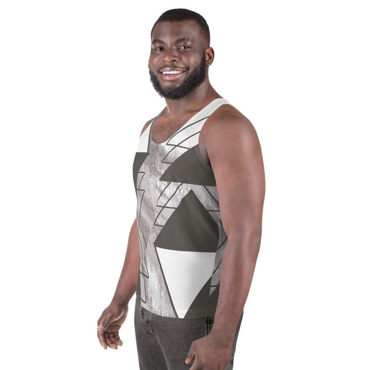 Mens Stretch Fit Tank Top - Ash Grey and White Triangular Colorblock