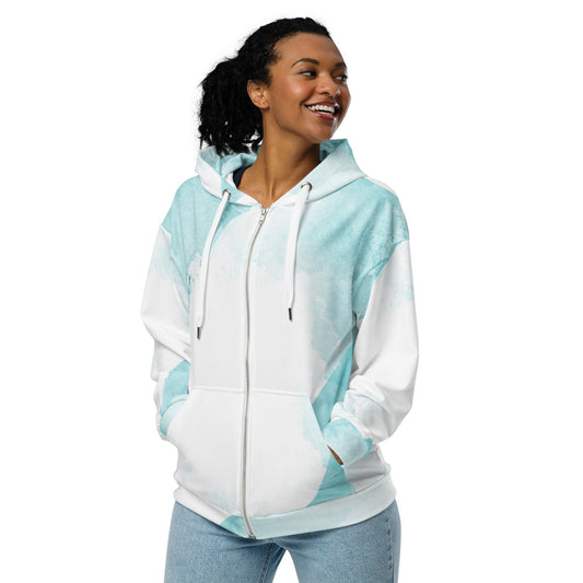 Womens Graphic Zip Hoodie Subtle Abstract Ocean Blue and White Print | Grey Coco