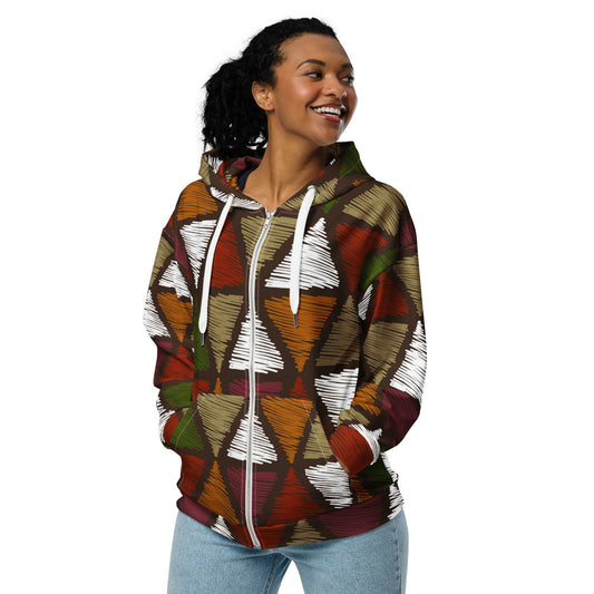 Womens Graphic Zip Hoodie Red Green Geometric Lines | Stylish & Comfortable