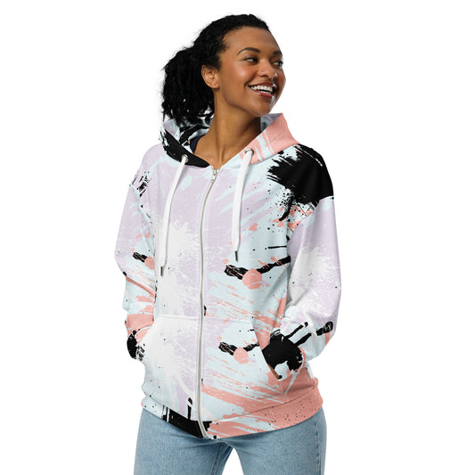Womens Graphic Zip Hoodie Pink Black Abstract Print | Stylish & Comfortable