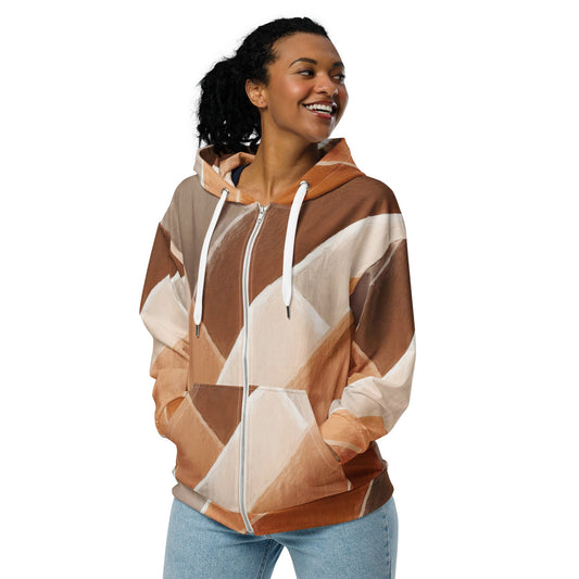Womens Graphic Zip Hoodie Brown Rustic Watercolors Print | Comfortable & Stylish