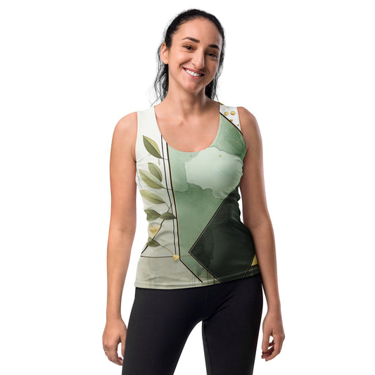 Womens Stretch Fit Tank Top - Olive Green Mint Leaf Geometric Print | Stylish & Comfortable