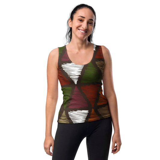 Womens Stretch Fit Tank Top - Red Green Geometric Lines | Lightweight & Versatile | Grey Coco