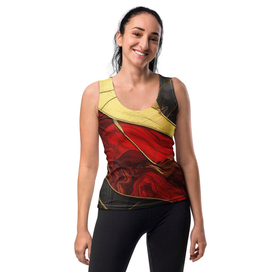 Womens Stretch Fit Tank Top - Bold Red Gold Tones Print | Comfortable & Stylish