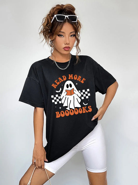 Read More Boooks Ghost Graphic T-Shirt β Halloween Round Neck TeeΒ |Β Ruby Styx