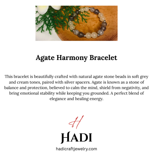 Agate Gemstone Beaded Bracelet Gray White Stone Silver Spacers