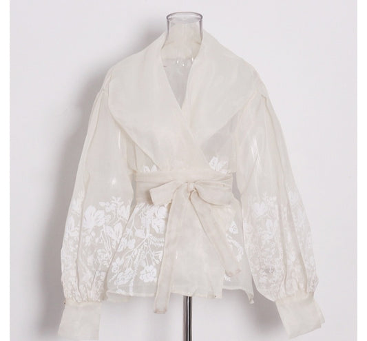 Minimalist Vintage Print Embroidery Shirt Organza for Women | Lapel Lantern Sleeve Casual Blouse