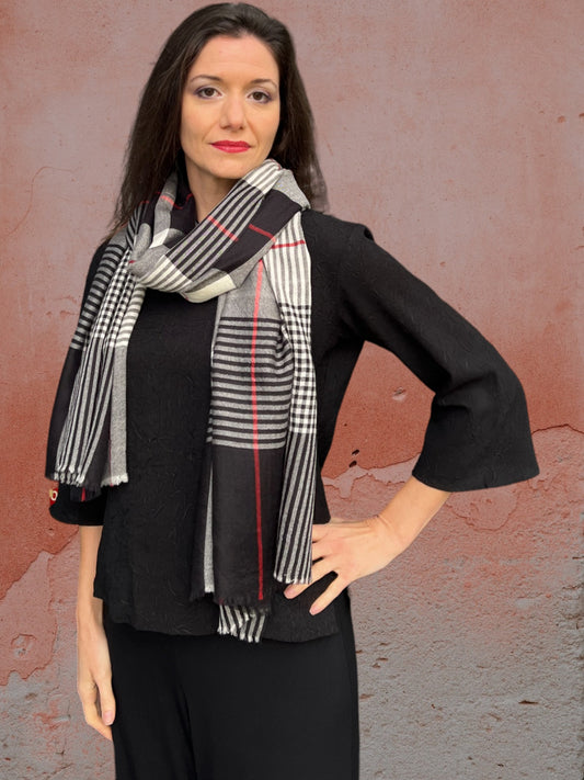 Hand Loomed Black Wool And Silk Check Scarf