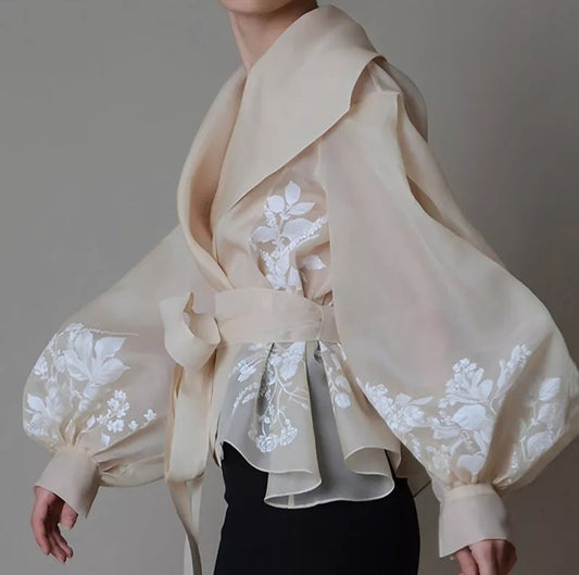 Minimalist Vintage Print Embroidery Shirt Organza for Women | Lapel Lantern Sleeve Casual Blouse