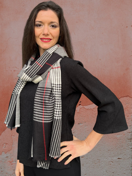 Hand Loomed Black Wool And Silk Check Scarf