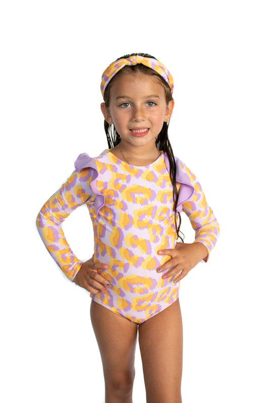 Lilac Leopard One Piece Long Sleeves Swimsuit - Kids Swimwear