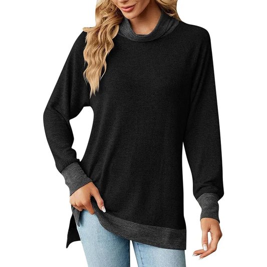 Womens Turtleneck Long Sleeve Slit T Shirt – High Collar Loose Top | Casual & Dressy | Peach Castor