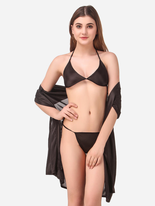 Romaisa Women's Satin Solid Black Robe with Lingerie Set